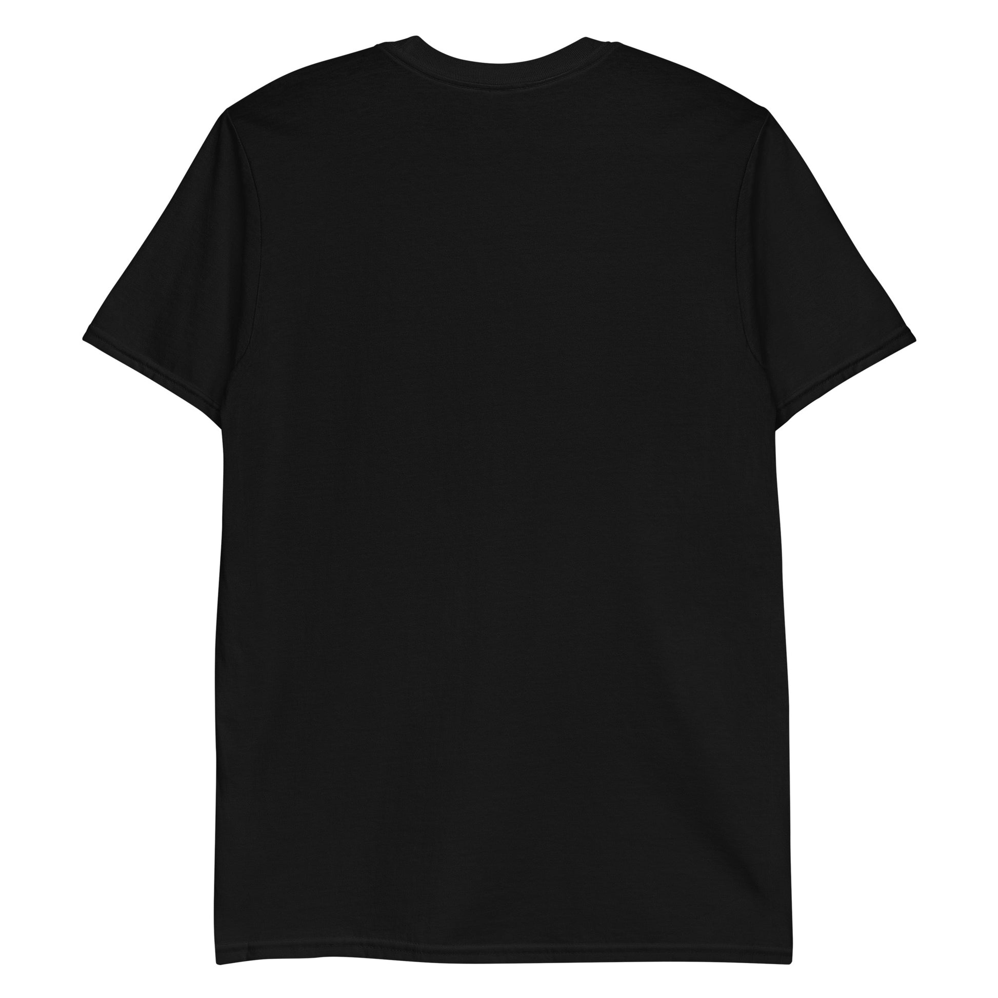 A plain black t-shirt is shown against a white background.